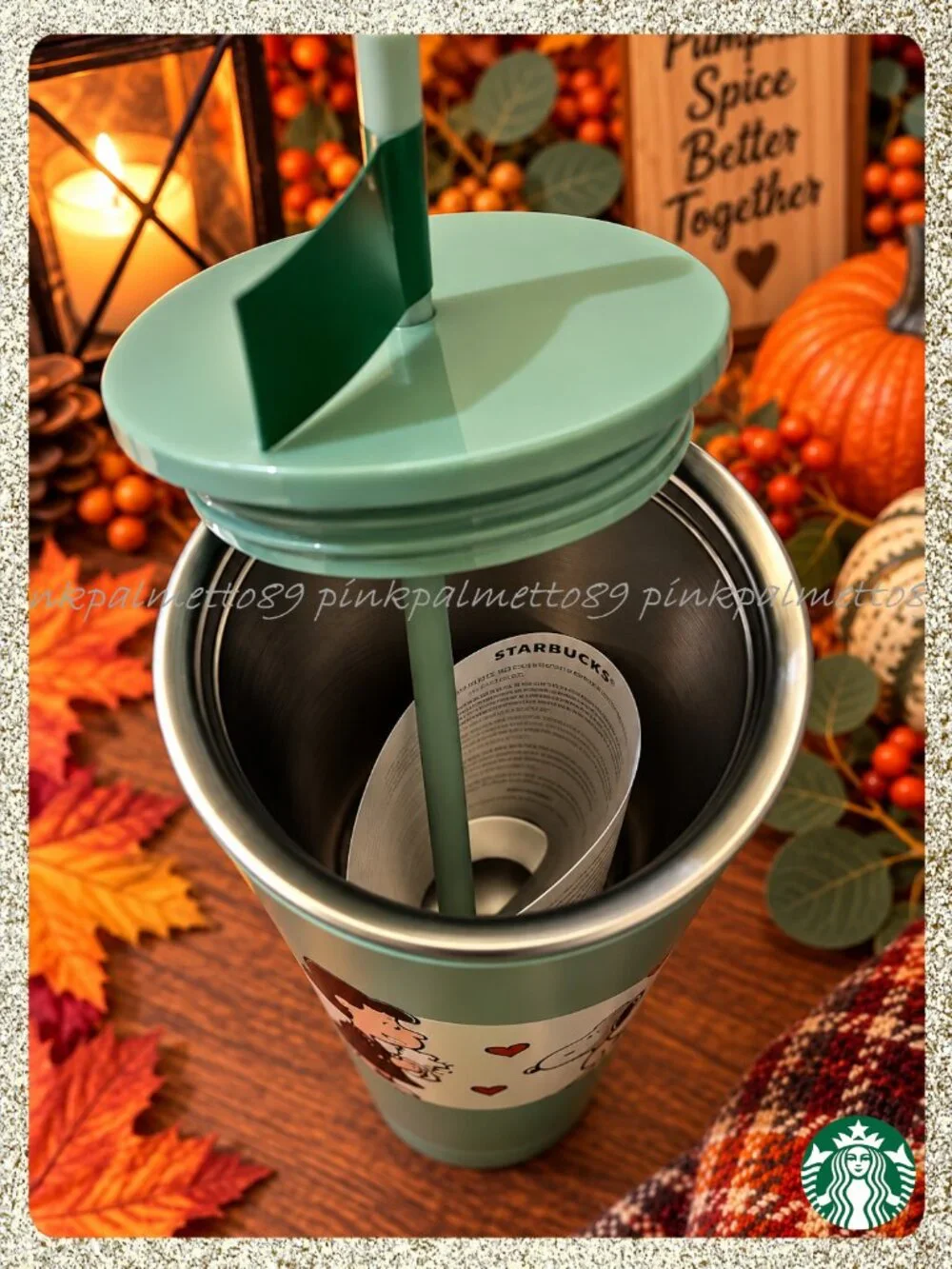 🍂🎃 NWT 2026 PEANUTS + Starbucks Snoopy & Lucy Sage Green 24oz SS Tumbler
